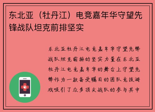 东北亚（牡丹江）电竞嘉年华守望先锋战队坦克前排坚实
